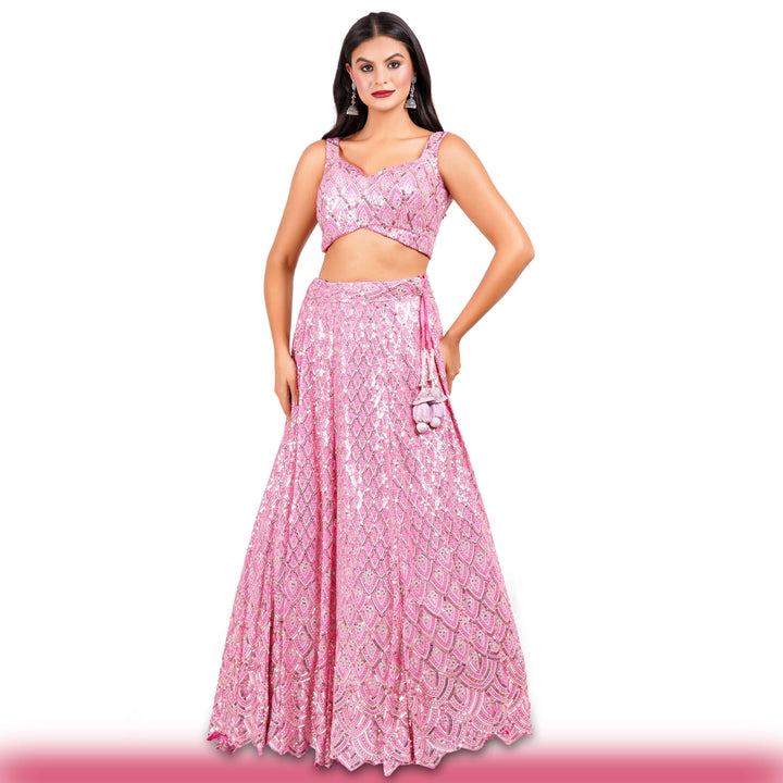 Pink Sequin Lehenga with Geometric Patterns