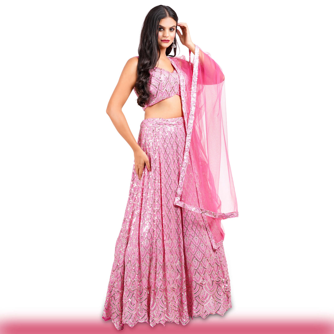 Pink Sequin Lehenga with Geometric Patterns