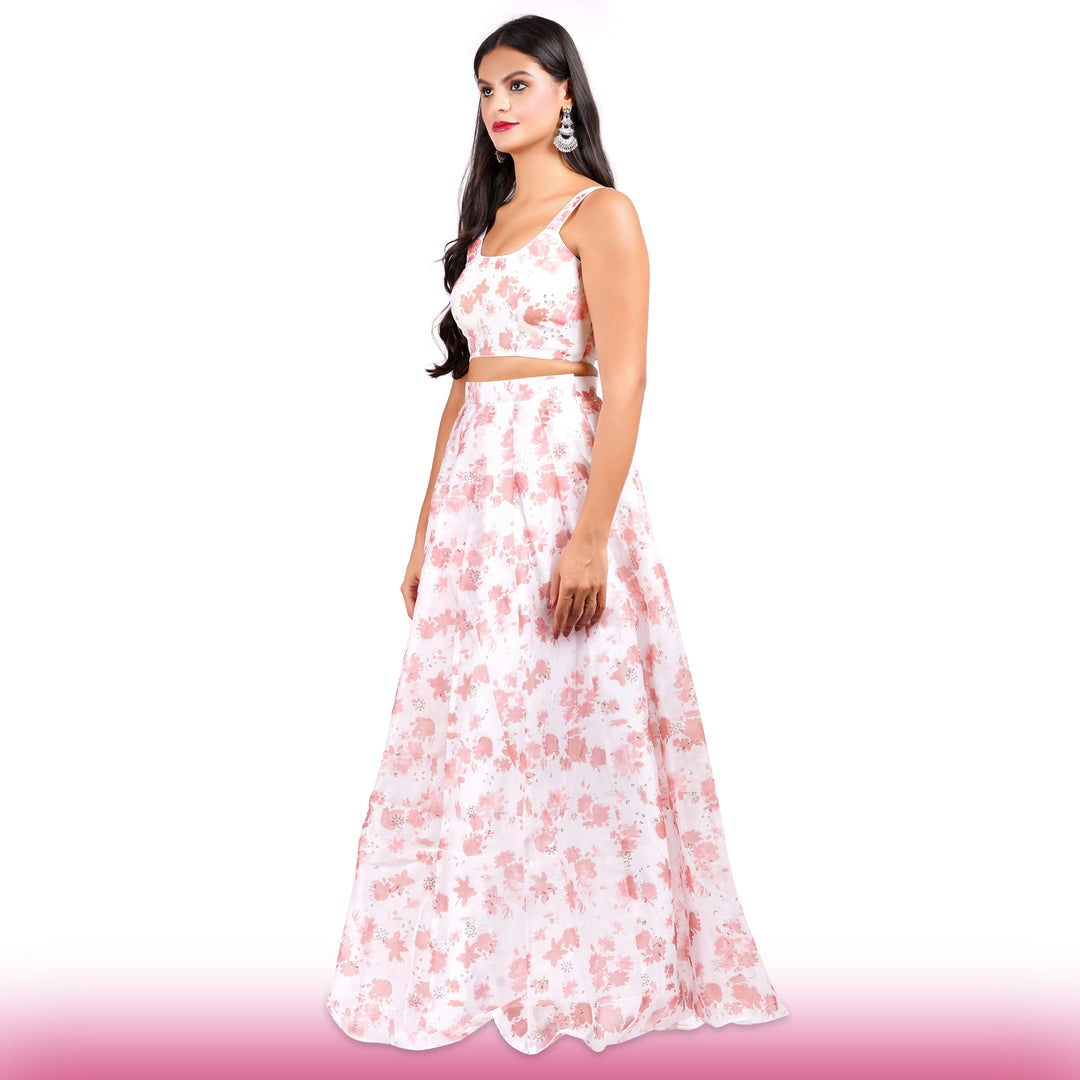 Printed Organza Lehenga with Spaghetti Blouse