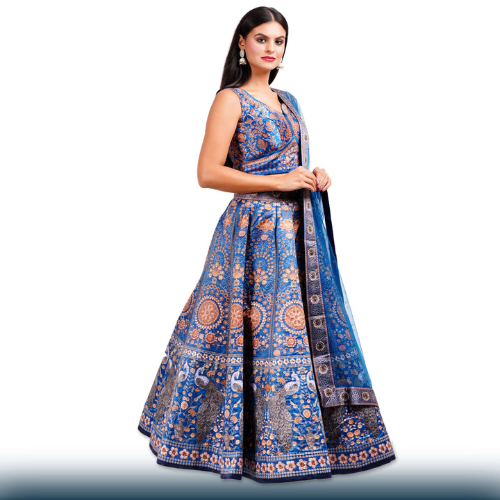 Royal Blue Silk Lehenga with Gold Stone Work