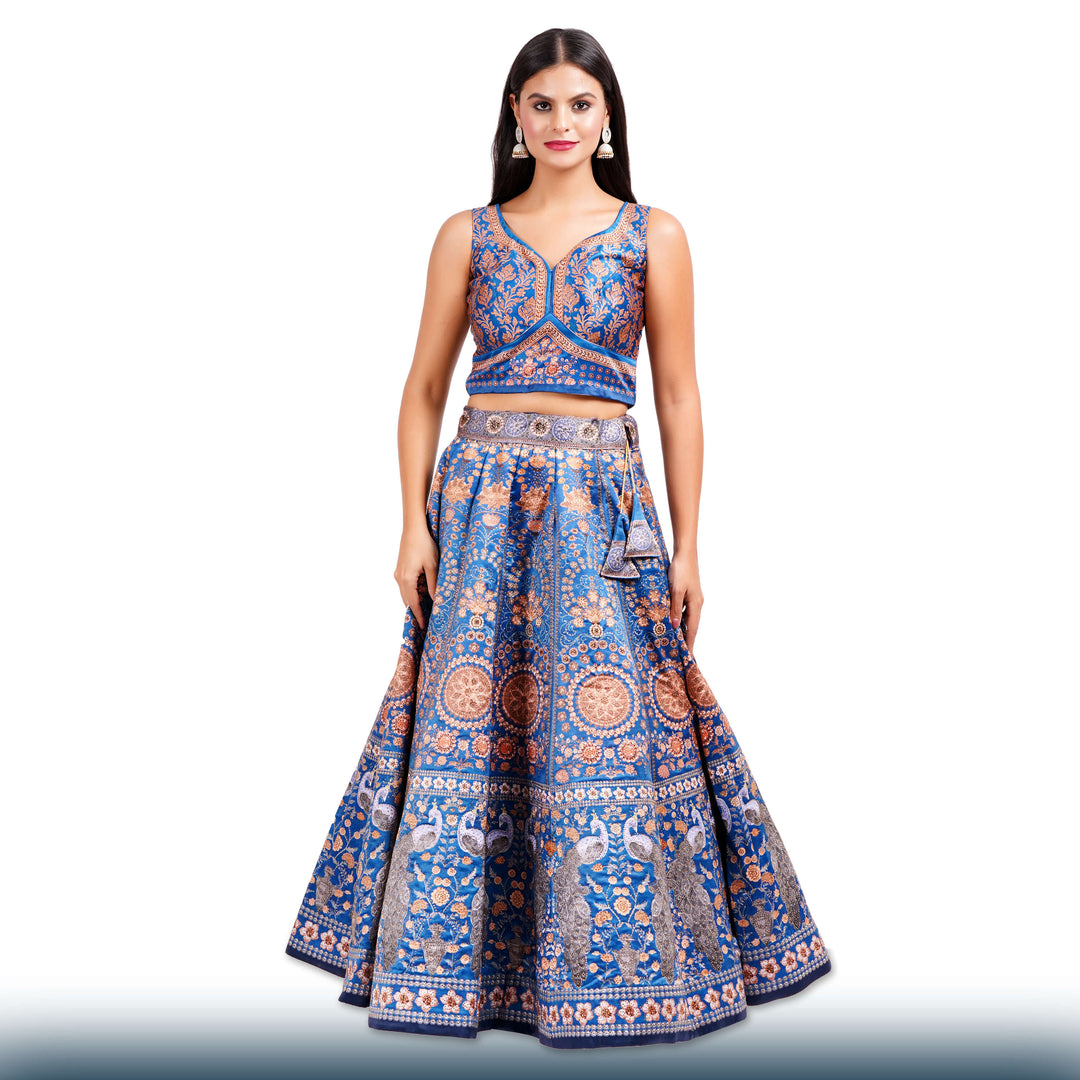 Royal Blue Silk Lehenga with Gold Stone Work