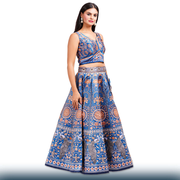 Royal Blue Silk Lehenga with Gold Stone Work