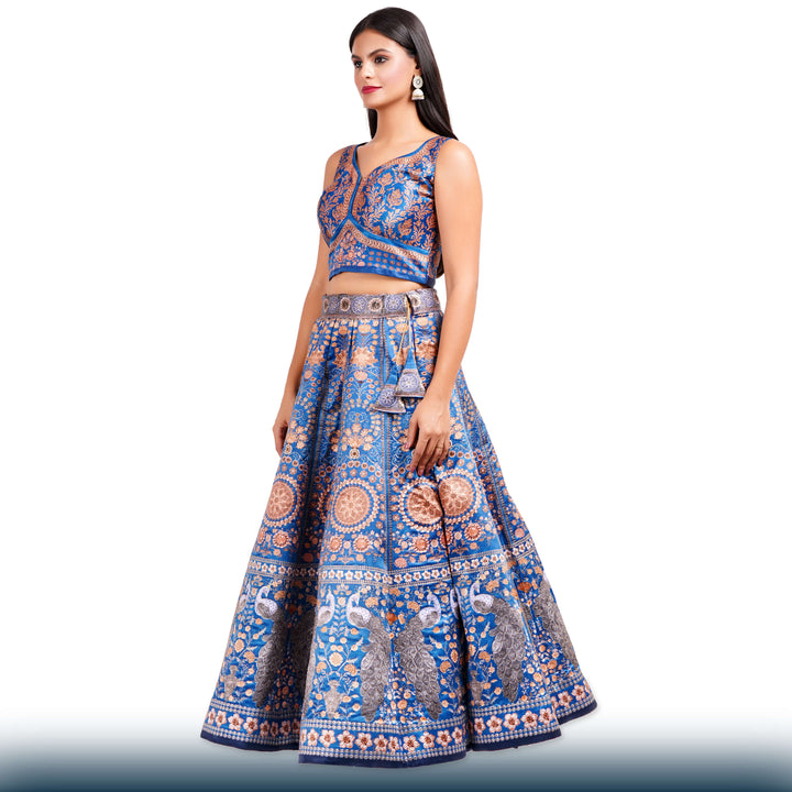 Royal Blue Silk Lehenga with Gold Stone Work