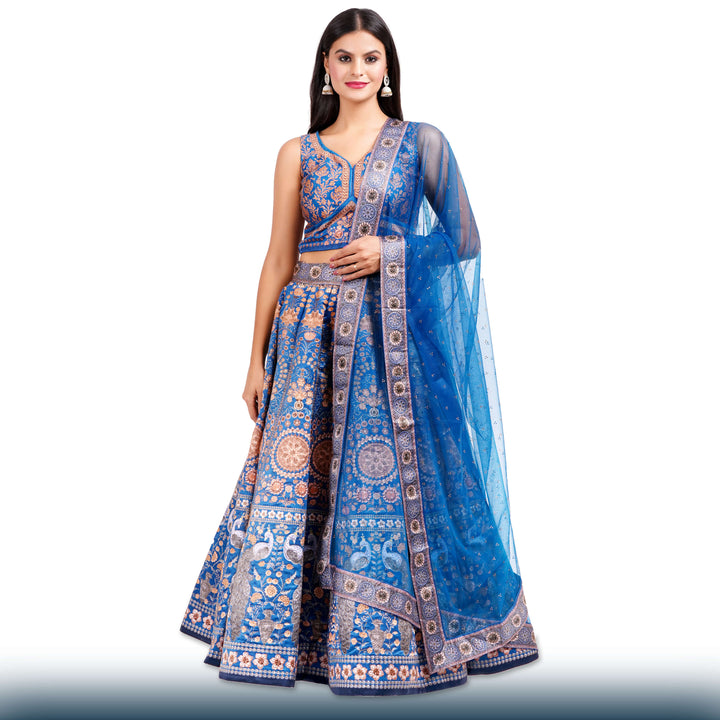 Royal Blue Silk Lehenga with Gold Stone Work