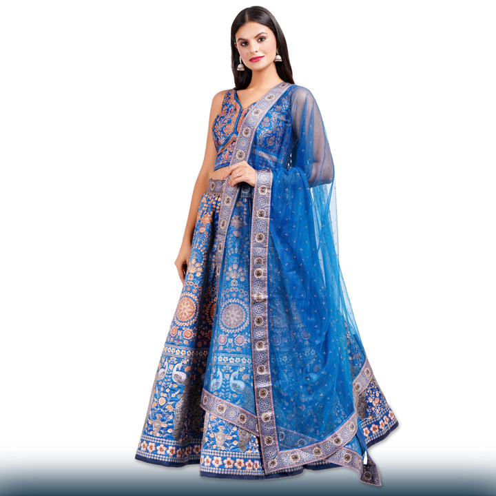 Royal Blue Silk Lehenga with Gold Stone Work