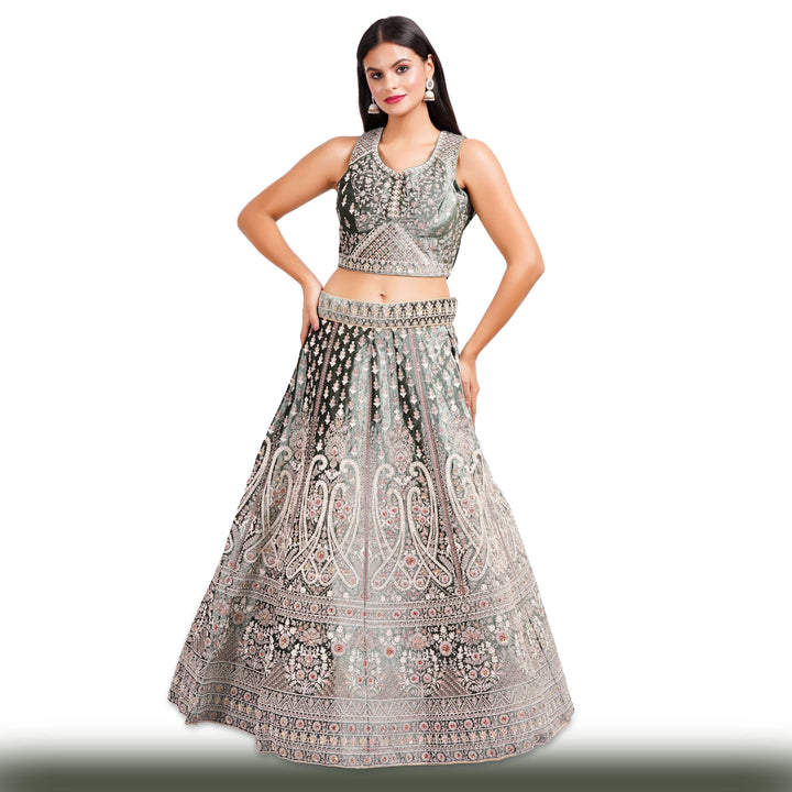 Velvet Wedding Lehenga - Green