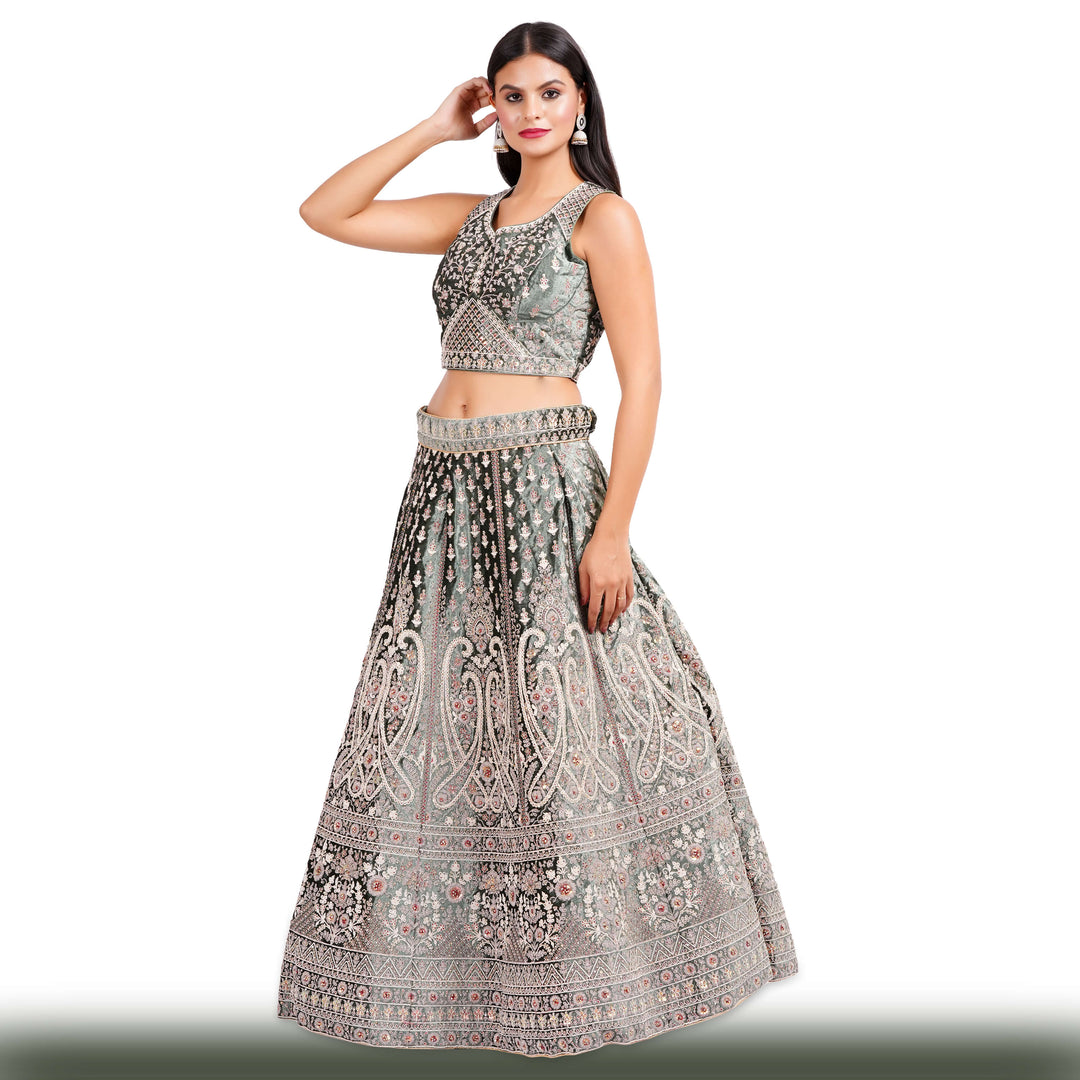 Dark Green Lehenga in Velvet Fabric