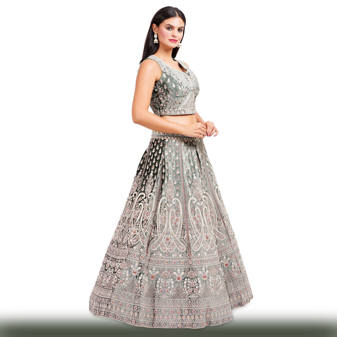 Velvet Wedding Lehenga - Green