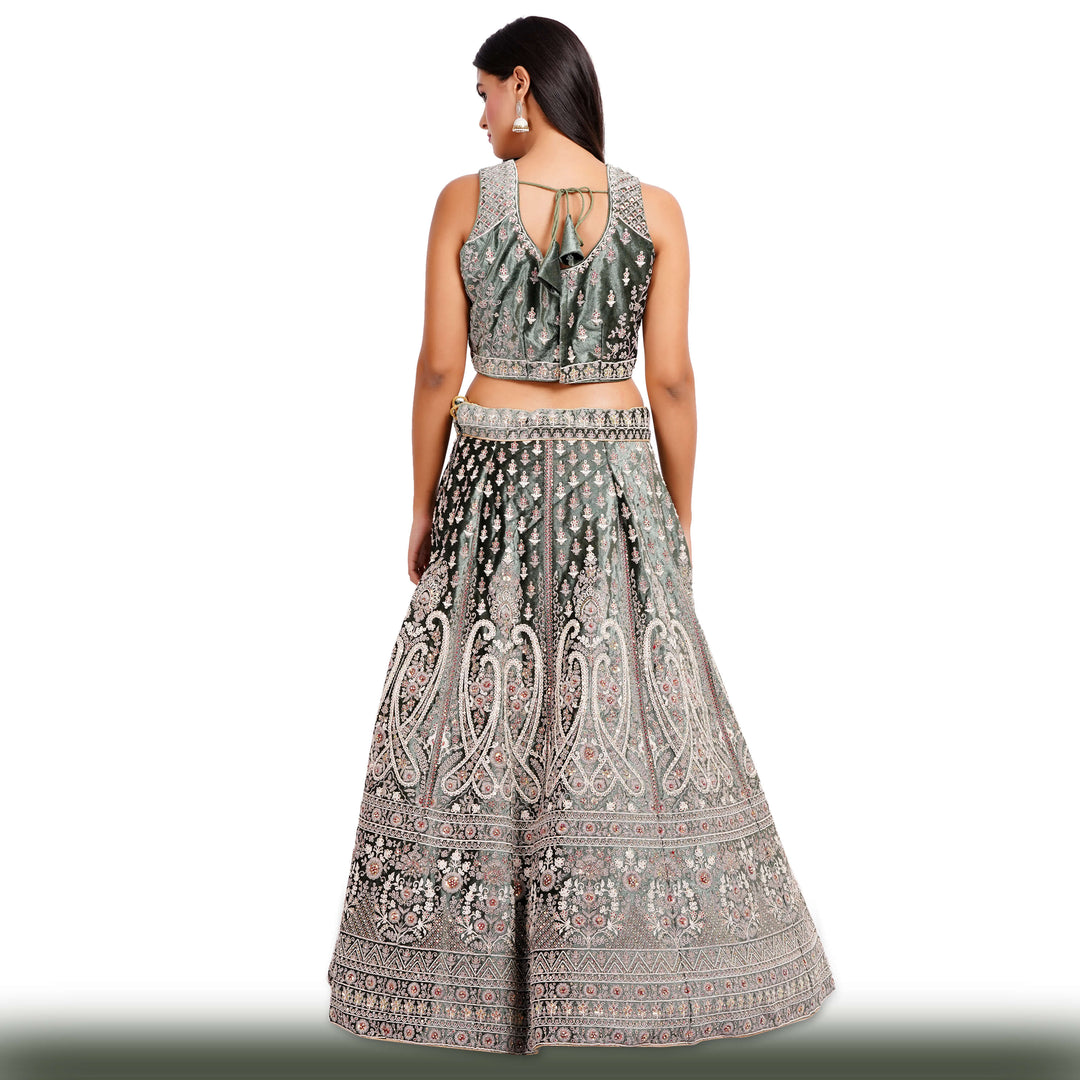 Dark Green Lehenga in Velvet Fabric