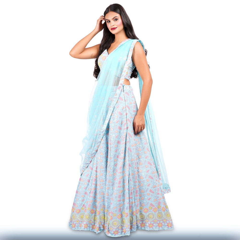 Baby Blue Multi-Color Sequin Lehenga