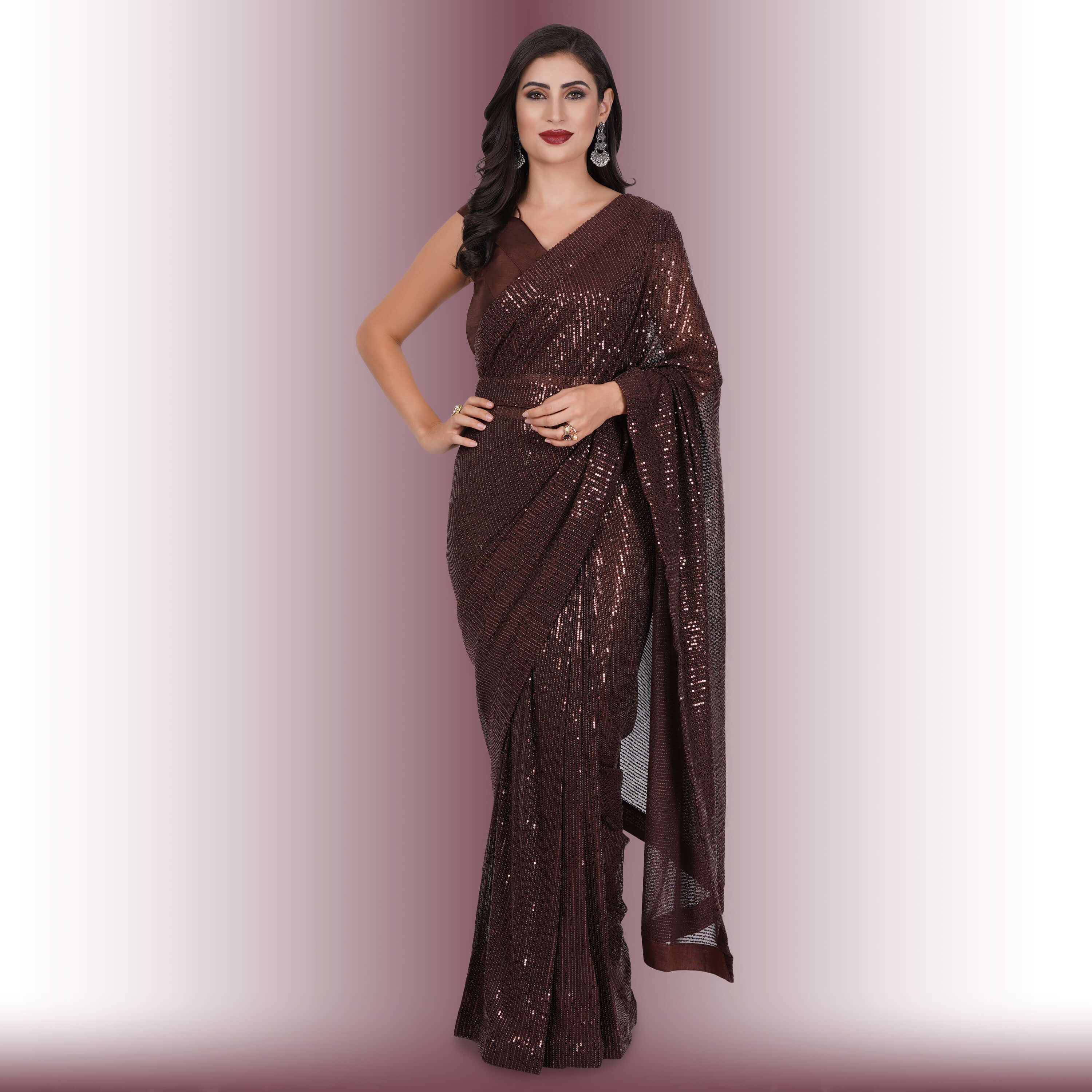 Brown Embroidered Jacket Style Georgette Saree 5588SR12