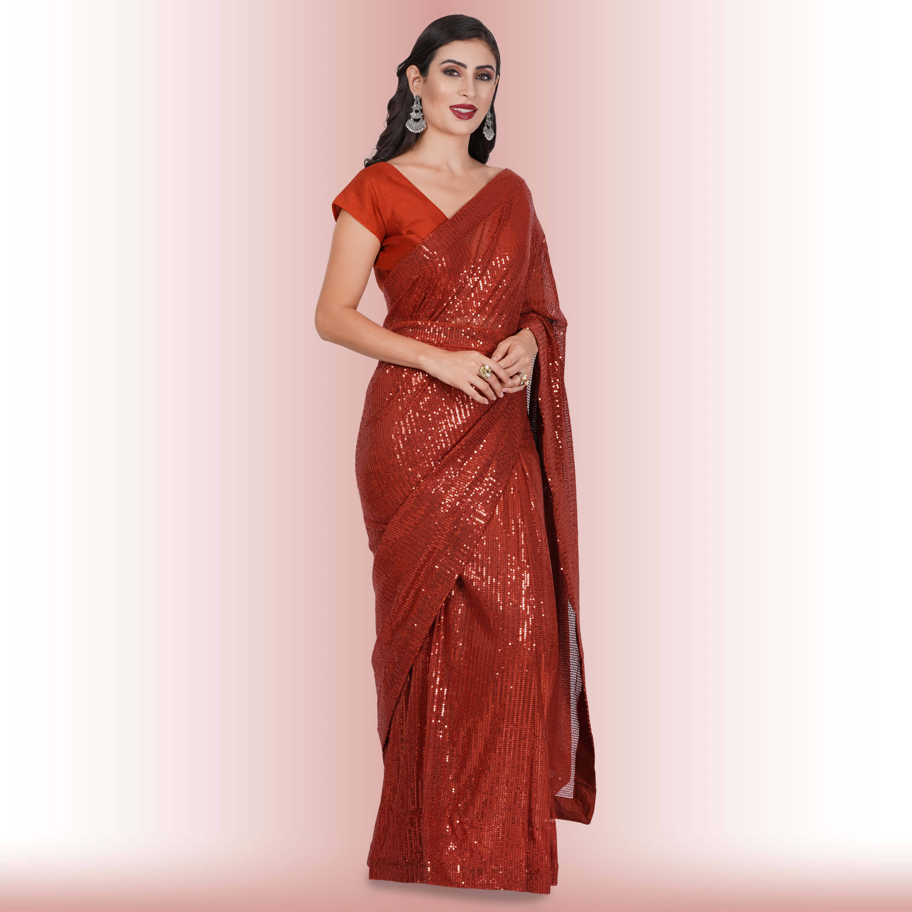 Flaming Red Georgette Sequins Saree