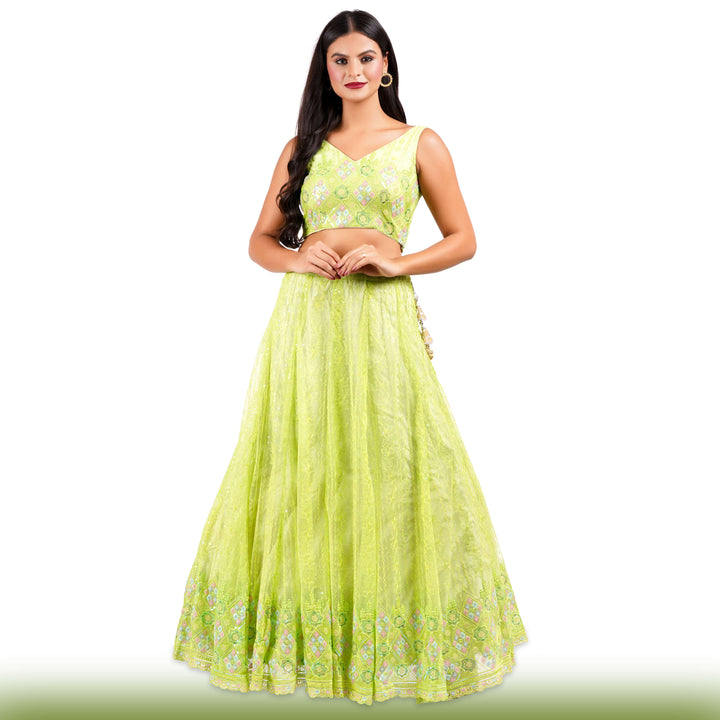 Sequin Embroidered Lime Green Lehenga