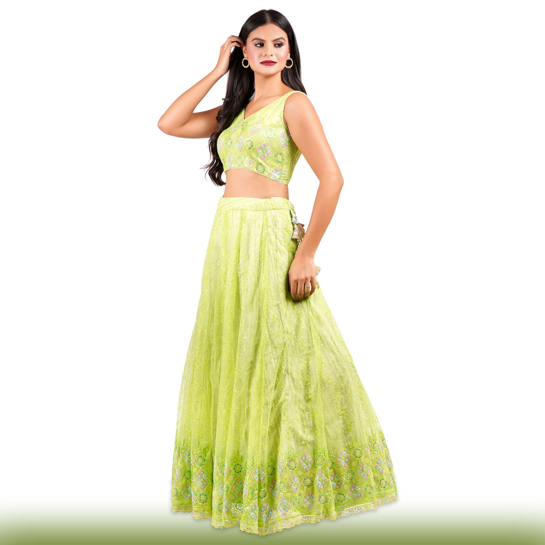 Sequin Embroidered Lime Green Lehenga