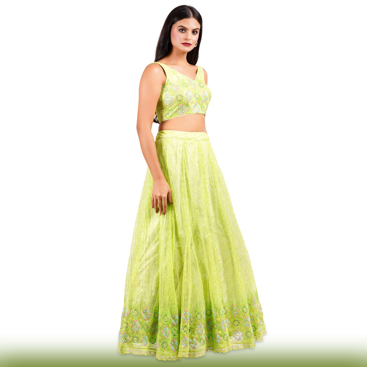 Sequin Embroidered Lime Green Lehenga