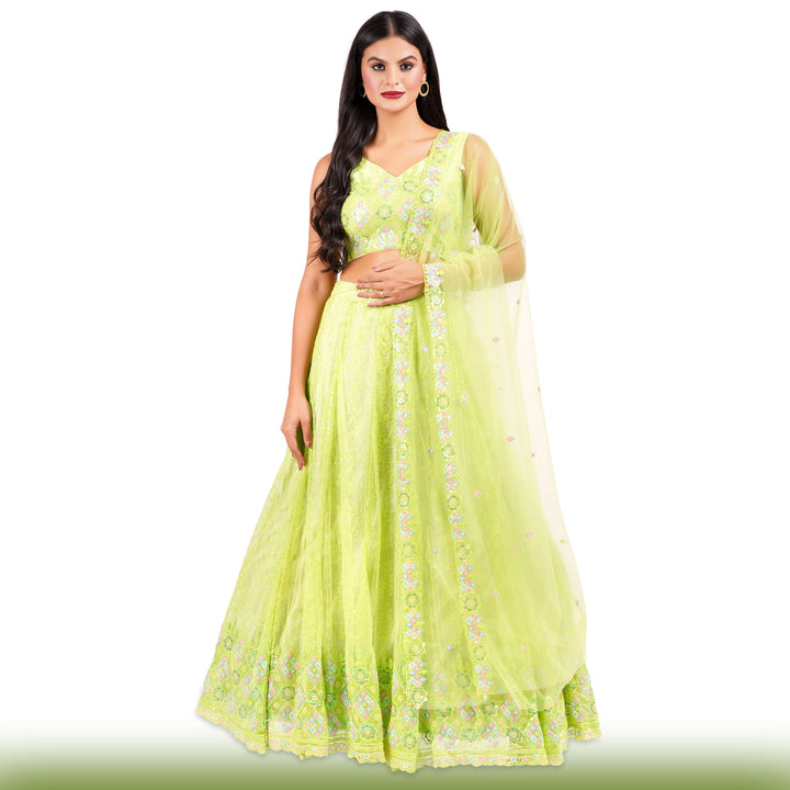 Sequin Embroidered Lime Green Lehenga