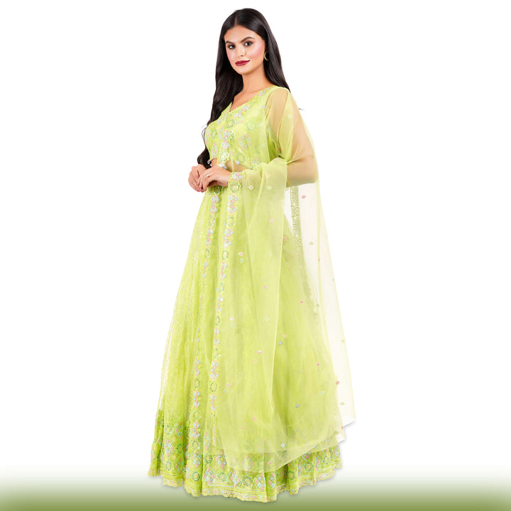 Sequin Embroidered Lime Green Lehenga