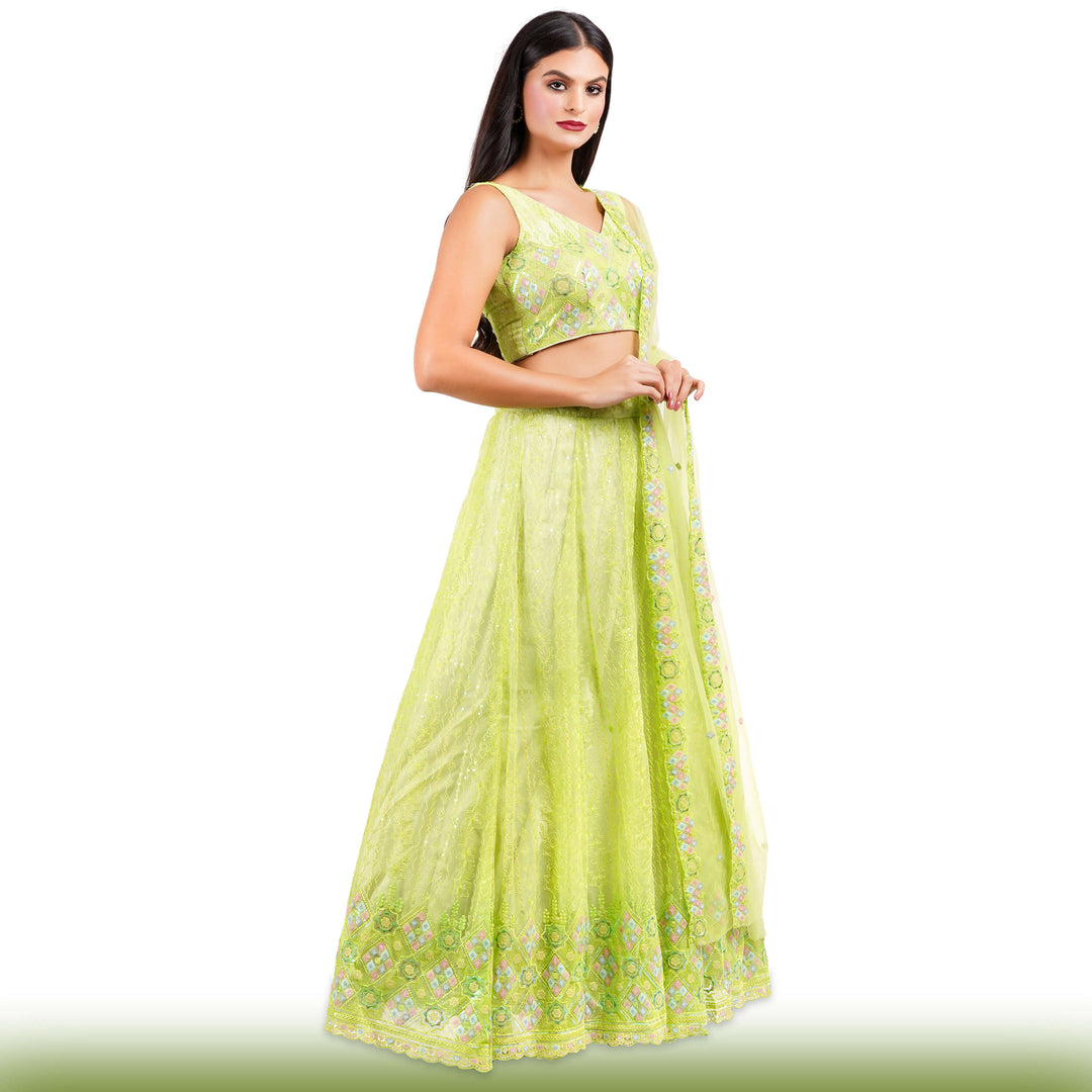 Sequin Embroidered Lime Green Lehenga