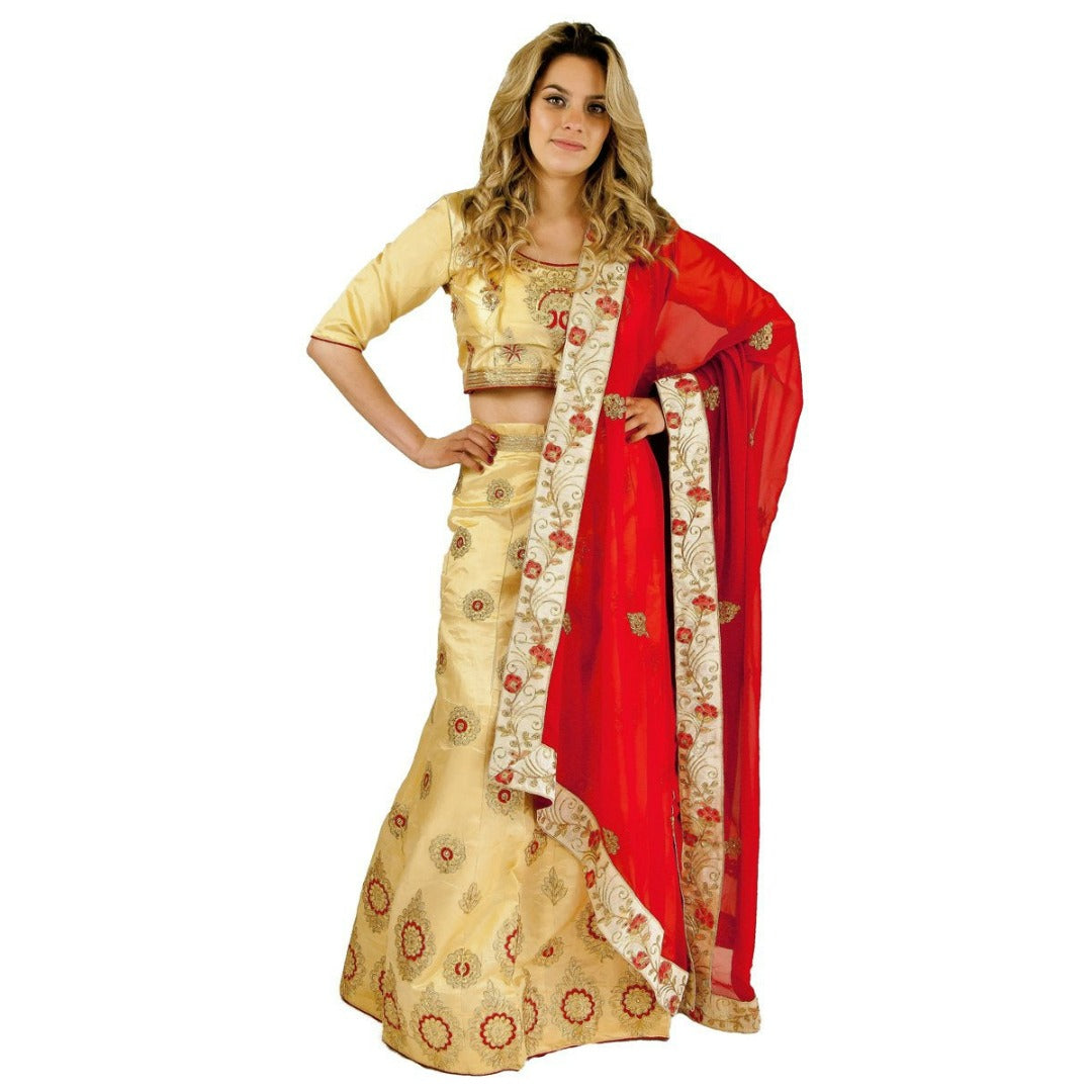 Buy Rangpur Golden Beige Lehenga Set With Purple Banarasi Dupatta online