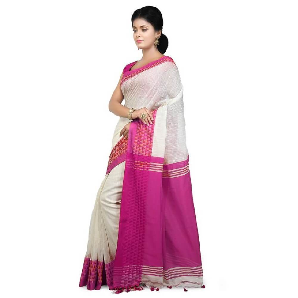 Buy SAYAN CREATION Striped Handloom Pure Cotton White, Pink Sarees