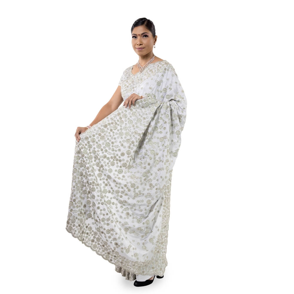 Vishal Prints Sand Grey Satin Saree With Stone Work