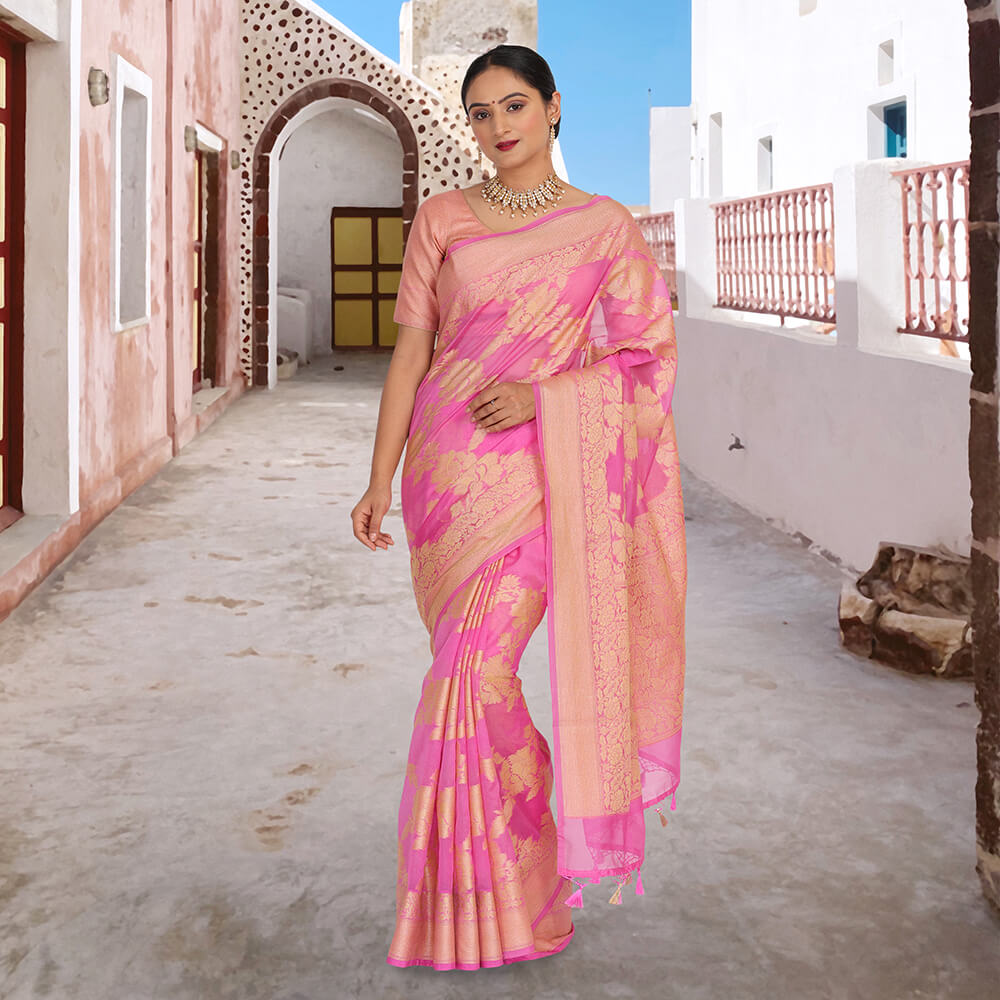 Pink Pure Katan Silk Jaal Design Handloom Banarasi Saree – BUNKALA